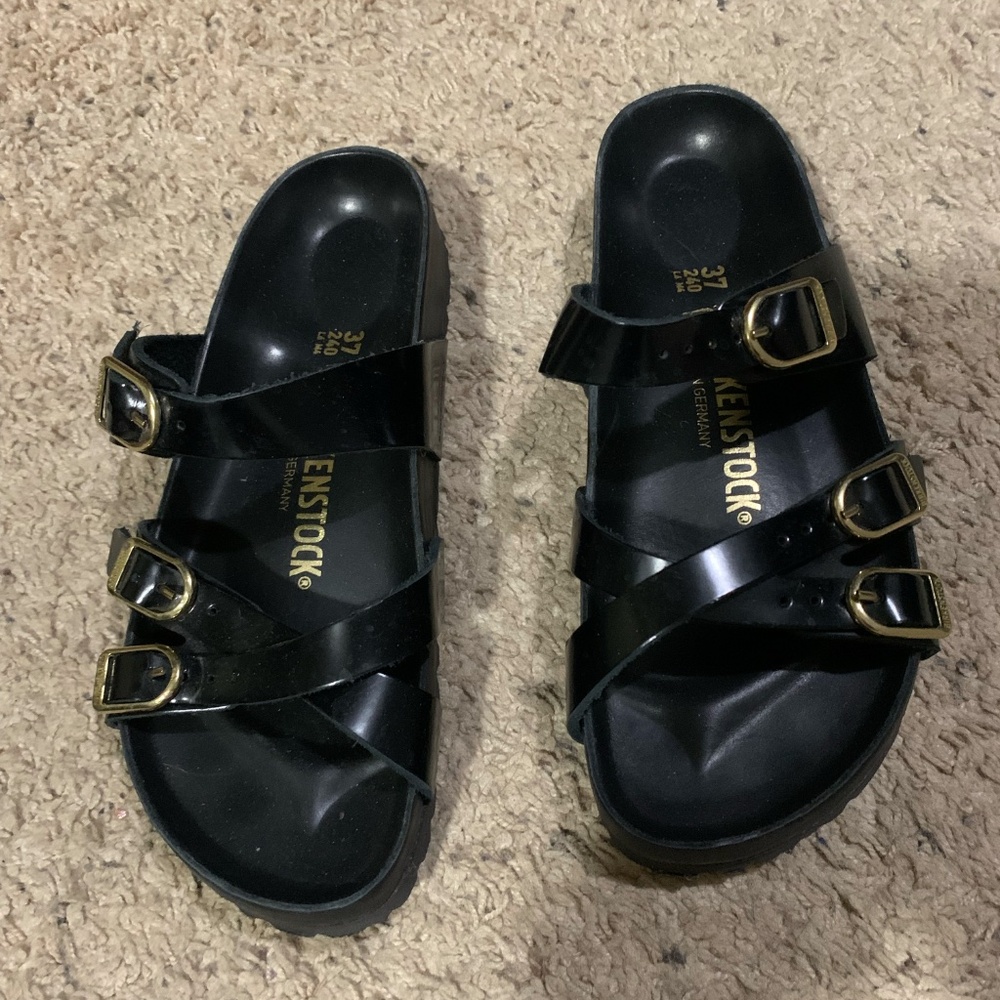 Black Birkenstock Gold Buckle Glossy 37